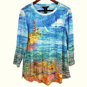 Ali Miles Large Blue Tropical Ocean Beach Sailing Blouse Shirt Top Unique Artsy